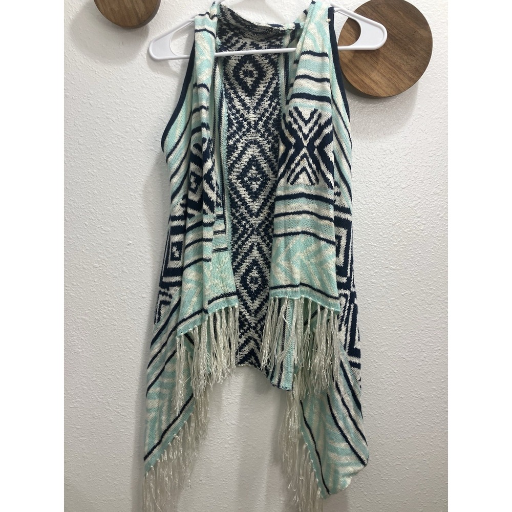 Pink Roseβ Sweater Womens Medium Turquoise Open Vest Southwestern Print Fringe M